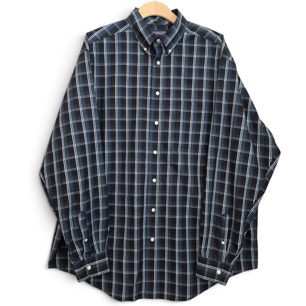 Roundtree & Yorke Shirt Mens XLT Black Blue Plaid Long Sleeve Button Down Cotton